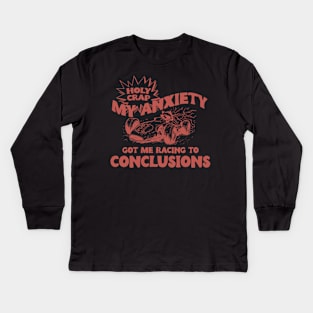 My Anxiety Got Me Racing To Conclusions Retro 90s T-Shirt, Raccoon Racing Graphic T-shirt, Funny Race T-Shirt, Vintage Animal Gag Kids Long Sleeve T-Shirt